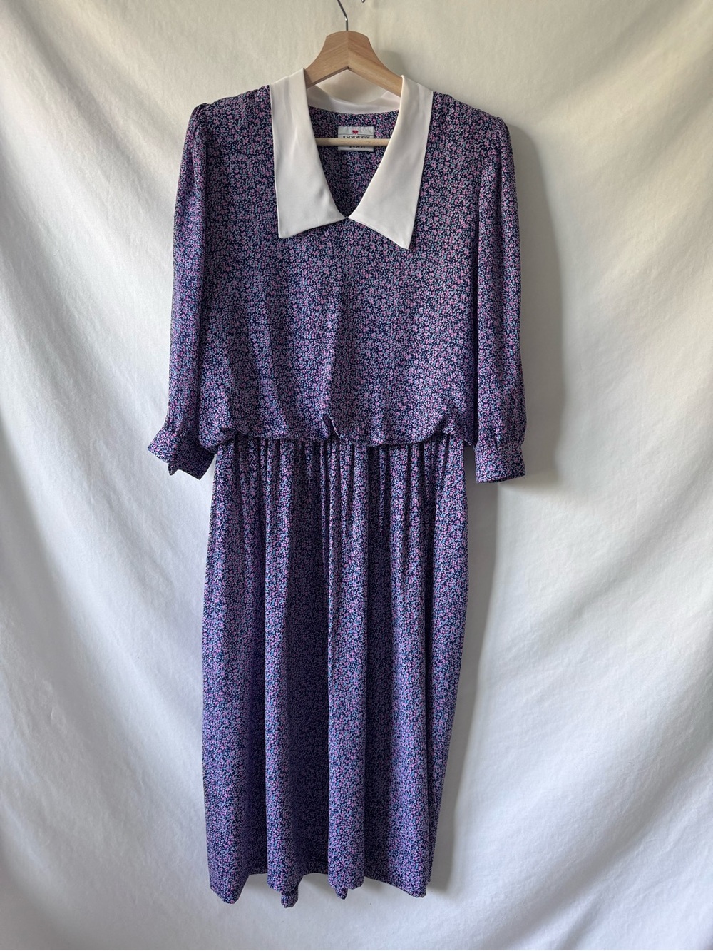 Vintage 70s 80s Floral Midi Dress White Collar Prairie Cottagecore M - Picture 2 of 12
